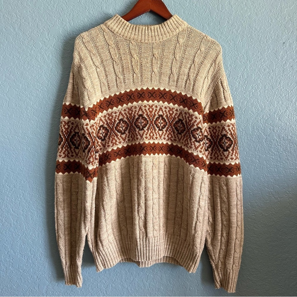 Jantzen Vintage Fair Isle Cable Knit Sweater USA Made Beige Brown Mens XL - Picture 2 of 11